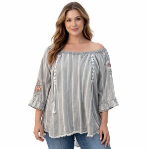 Ali Miles Tunic Blouse Womens Large Gray Striped Embroidered Off Shoulder Top